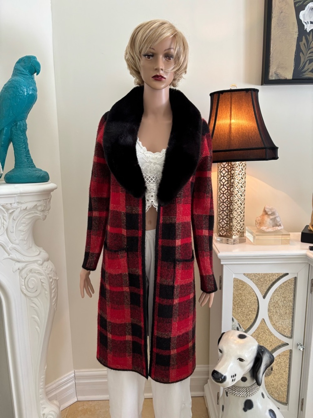 cleo Red and Black Plaid Vest with Black Faux Fur Collar - Picture 2 of 14